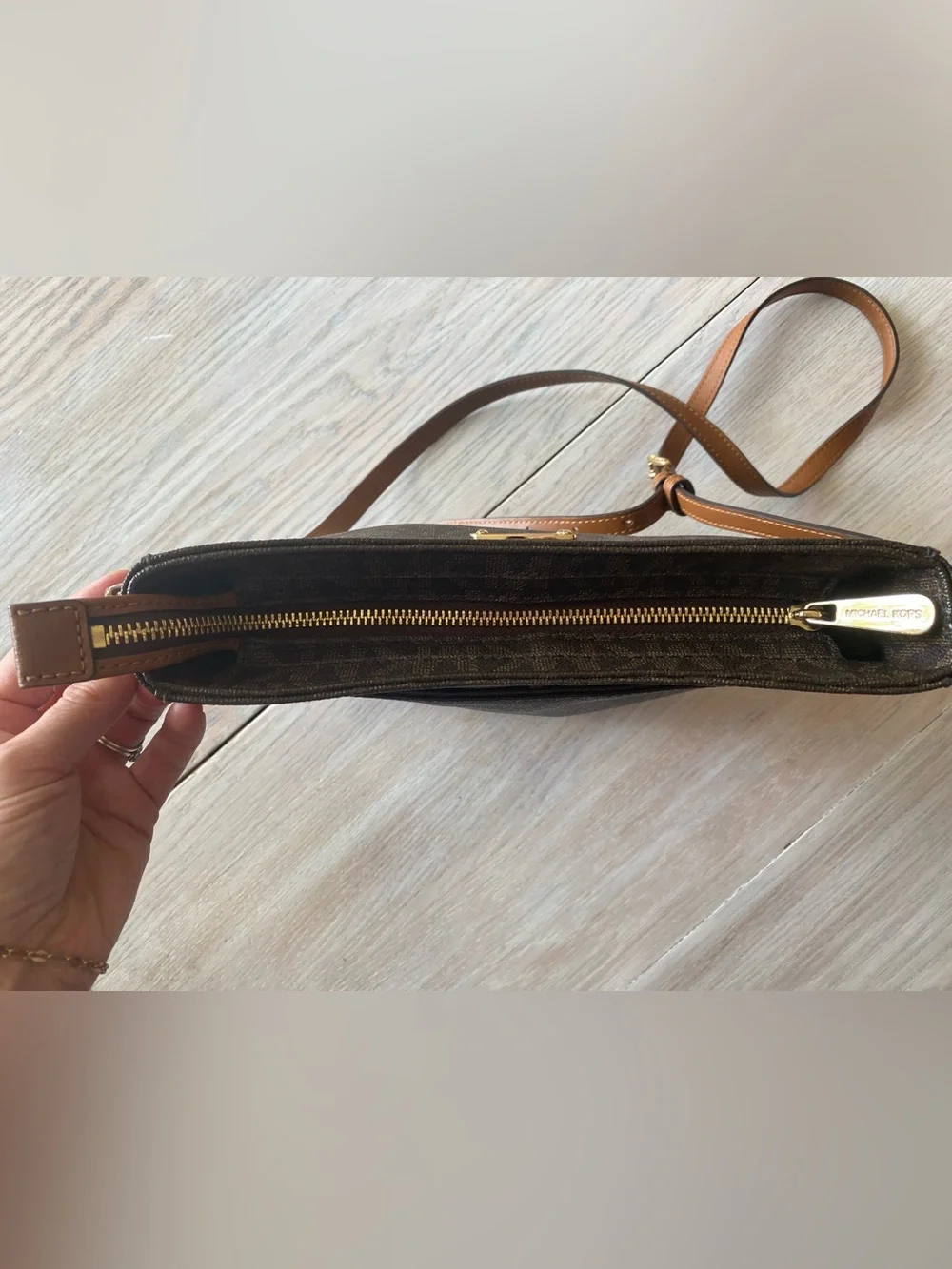 Michael Kors Dark Brown Logo Messenger with Tan Strap